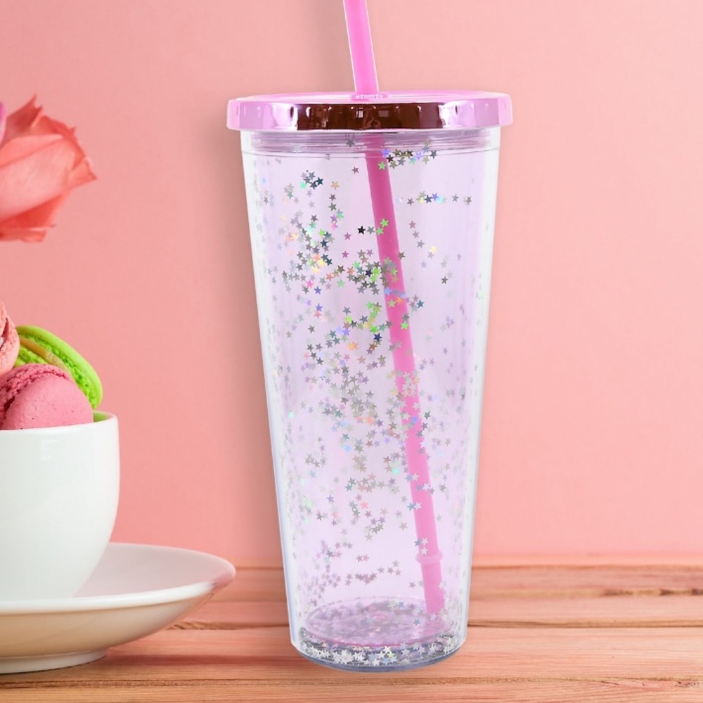 Pink Star Glitter Tumbler with Lid / Straw NEW - Picture 8 of 9